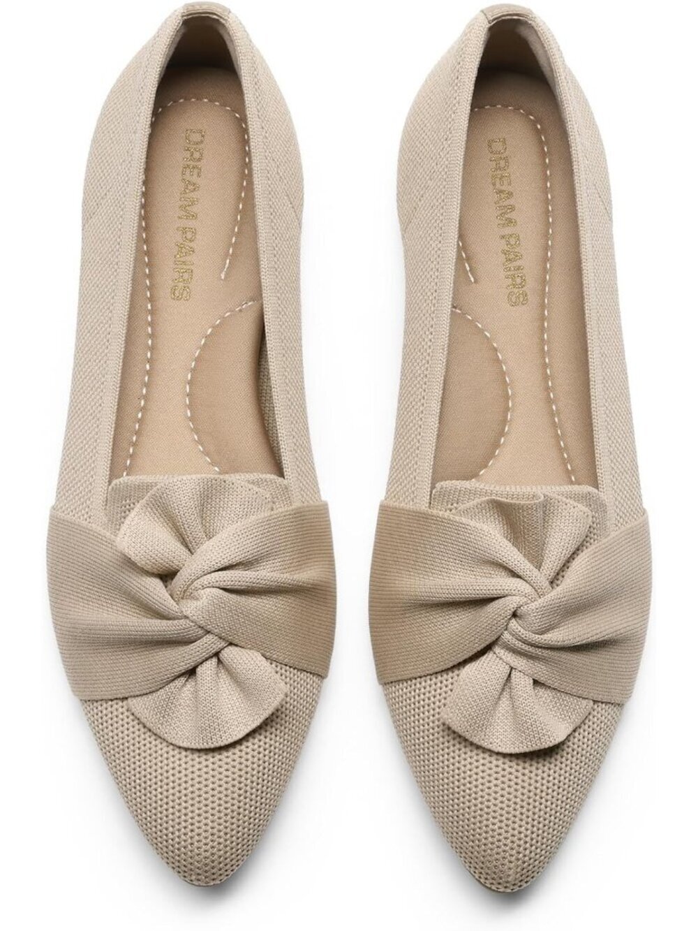 Women's Nude Foldable Bow Pointed Toe Ballet Flats Knit Cushioned Comfort Shoes